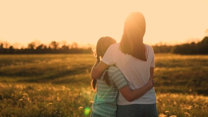 Mother Daughter Embrace Sunset, Joy Family Bonds Nature, Silhouette Love: family Happy Moment,...