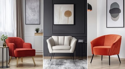 Collage of trendy armchairs in modern interiors of living room