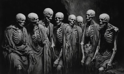 Skeletal figures, cloaked, somber gathering, dark setting.