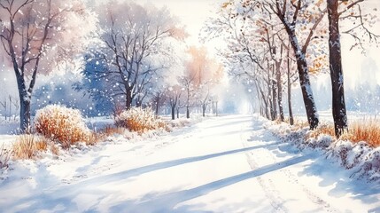 Obraz premium A serene winter landscape with snowy pathways and frosted trees.