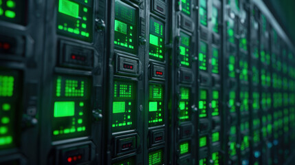 Fototapeta premium Close-up View of Modern Server Rack with Illuminated Green LED Displays in Data Center Environment