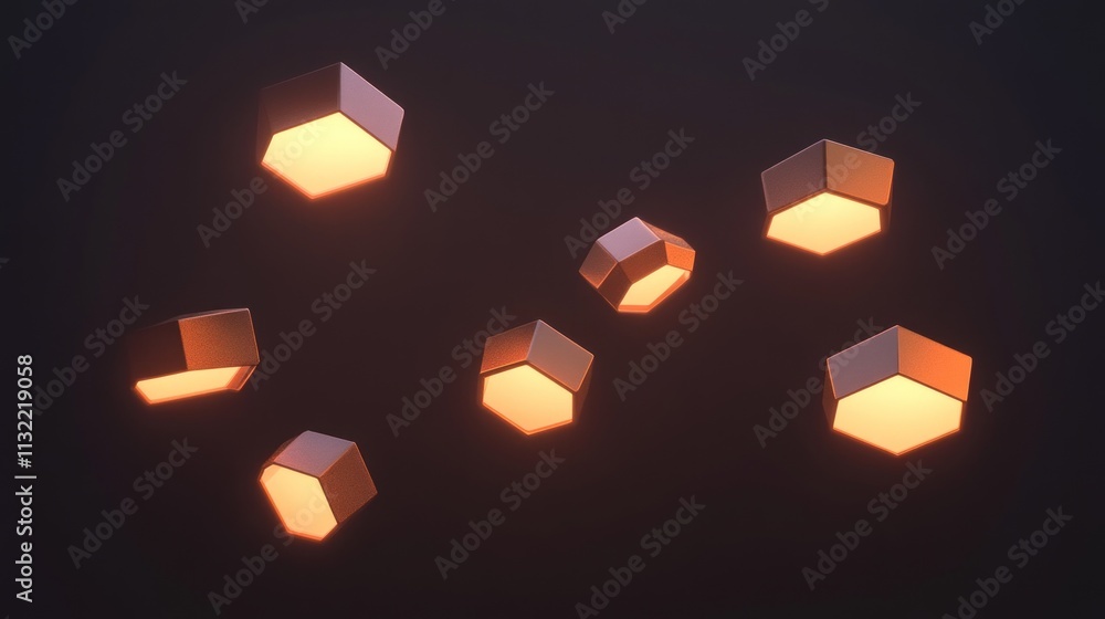 Poster illuminated hexagonal geometric forms float in darkness