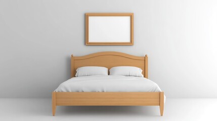 Wooden Bed Frame With White Bedding and Blank Picture Frame