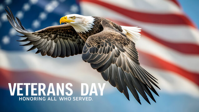 Vetran's Day, Bald Eagle Soaring with Blurred American Flag
