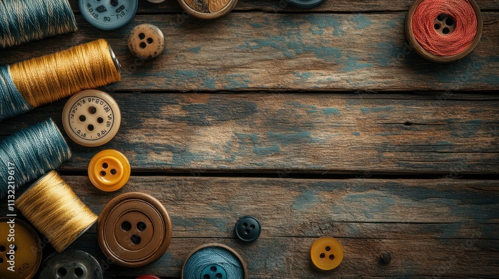 Poster a collection of colorful threads and buttons on a rustic wooden surface for sewing projects.