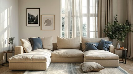 Fototapeta premium Modern beige sectional sofa in sunlit living room with neutral decor.