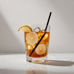 A refreshing iced tea drink with lemon slices and ice in a glass.