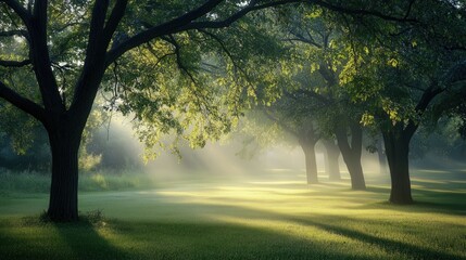 Fototapeta premium As the first light of morning breaks through the trees, the grass is covered in a layer of dew.