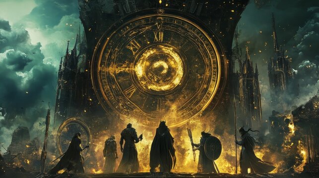 Figures approach fiery, clock-tower ruin.