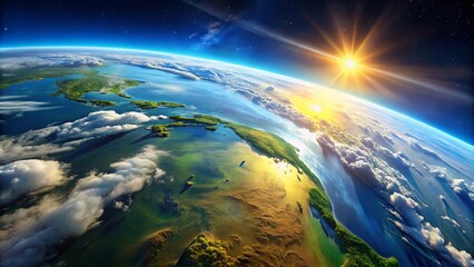Fototapeta premium A breathtaking sunrise illuminates a vibrant coastal region, showcasing the intricate details of land and sea from a unique orbital perspective.