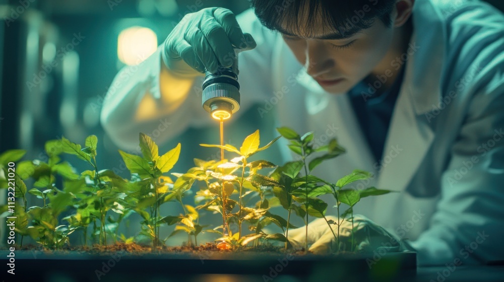 Poster a scientist examining plants under a microscope in a lab.