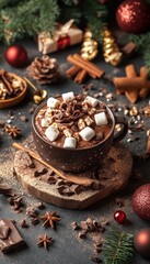 Fototapeta premium A cozy cup of hot chocolate topped with marshmallows and surrounded by festive decorations.