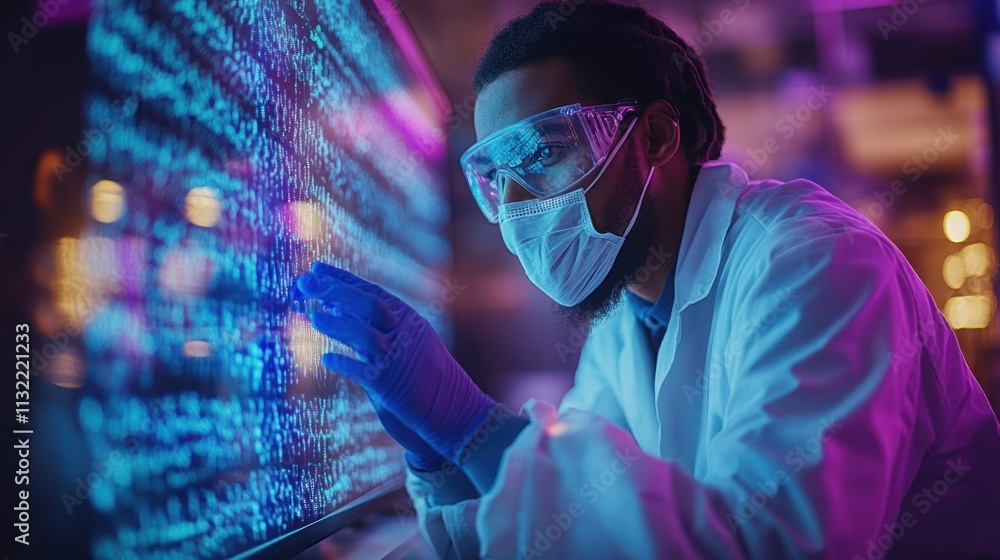 Poster a scientist in a lab coat analyzes data on a screen while wearing protective gear.