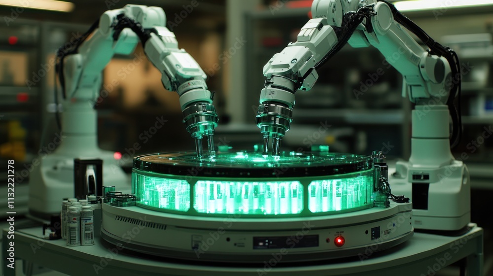 Poster two robotic arms manipulating a glowing circular platform in a high-tech laboratory.