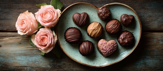 Fototapeta premium Assorted chocolates arranged on a heart-shaped plate with roses.