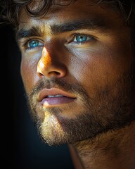 Obraz premium Chiseled Face of a Man Illuminated by a Soft Glow