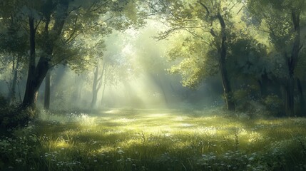 Obraz premium As the morning light breaks through the trees, dew clings to the blades of grass, catching the sunlight in a soft glow.