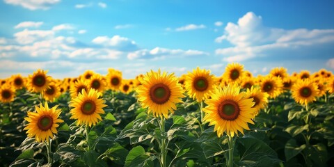 Obraz premium Vibrant field of blooming sunflowers under a bright blue sky, showcasing the beauty of nature s vivid colors in a landscape filled with blooming sunflowers against a serene backdrop.
