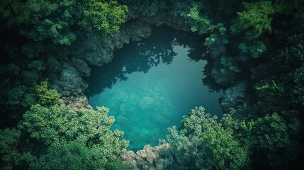 Obraz premium Crystal Clear Lagoon Surrounded by Lush Tropical Greenery,An aerial photograph capturing the untouched beauty of a hidden lagoon framed by dense foliage. 