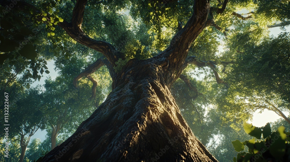 Poster base of a large tree, showing the trunk intricate texture and the sprawling branches above
