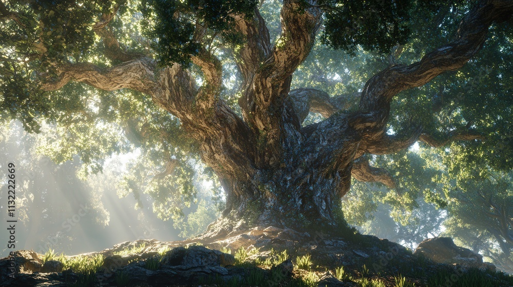 Aufkleber base of a large tree, showing the trunk intricate texture and the sprawling branches above