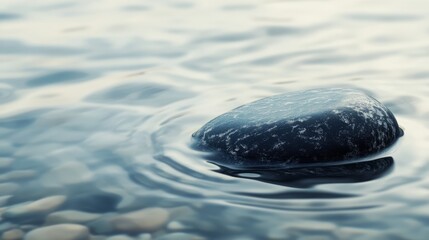 A smooth black stone partially submerged in water on the right, with soft ripples extending leftward.