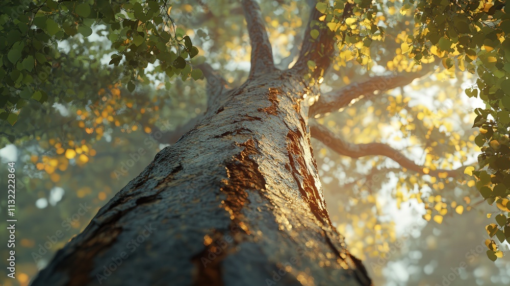 Aufkleber base of a towering tree, focusing on its bark-covered trunk stretching high into the sky