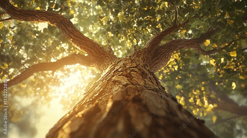 Poster below a massive tree, highlighting the height of its trunk and the network of branches that create a