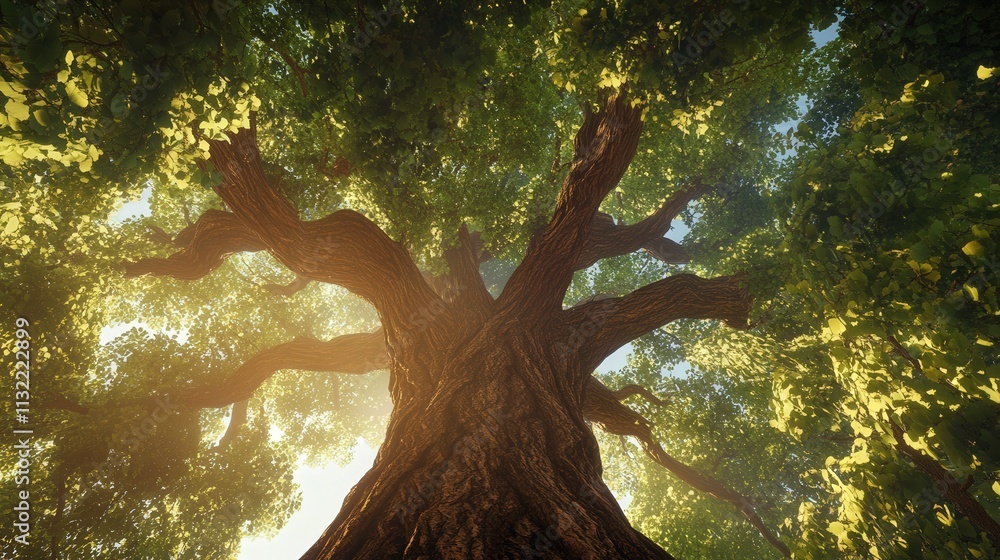 Poster base of an enormous tree, highlighting its textured bark and the branches that spread out above.