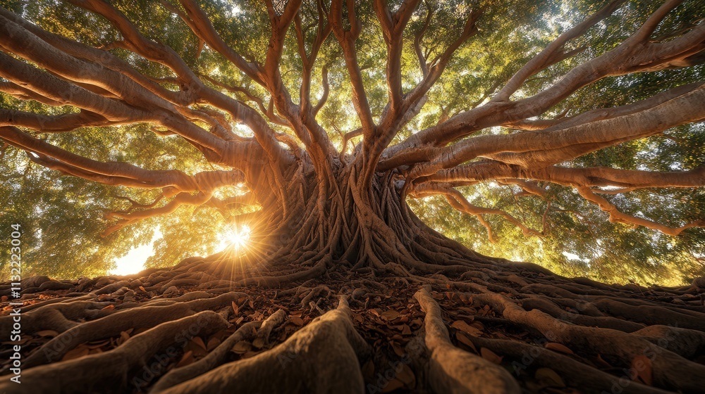 Poster below a massive tree, highlighting the height of its trunk and the network of branches that create a