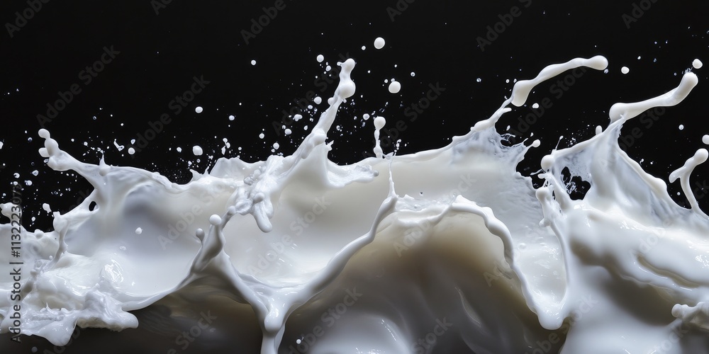 Poster abstract splashes of milk create captivating shapes and patterns against a black background, showcas
