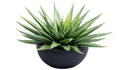 Fototapeta premium Lush Green Aloe Vera Plant in Modern Black Pot with Spiky Leaves Ideal for Interior Decoration and Natural Home Aesthetics