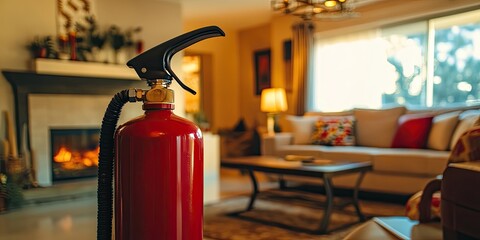 Obraz premium A fire extinguisher is prominently displayed in a cozy living room setting, emphasizing the importance of having a fire extinguisher readily available for safety in home environments.