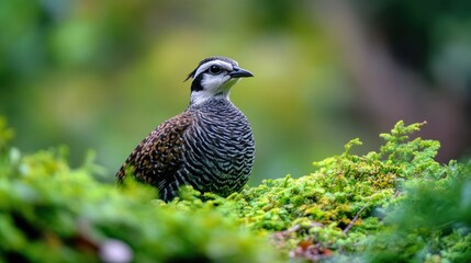 Obraz premium Endangered Bird Species Nestled in Remote Wilderness, A wildlife portrait showing a bird species known for its rarity, perched among pristine greenery. 