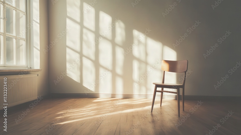 Poster empty room with a single chair. the soft light entering from a window adds warmth to the simple,