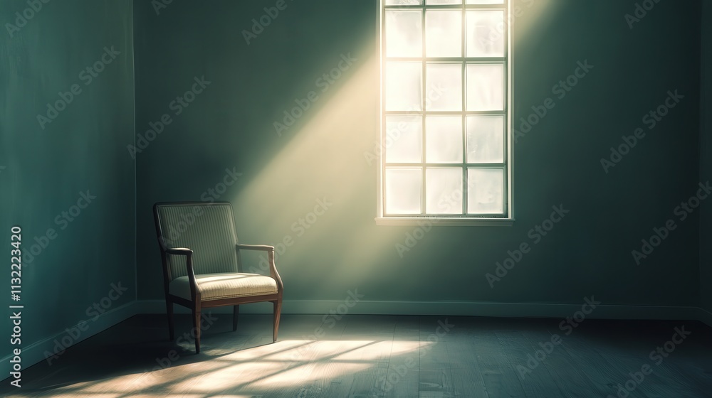 Poster empty room with a single chair. the soft light entering from a window adds warmth to the simple,