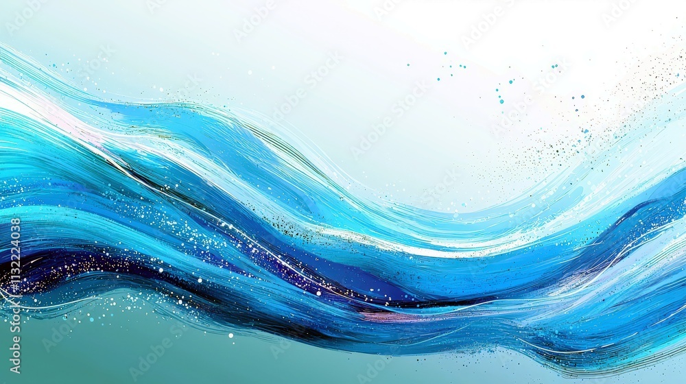 Poster abstract waves of blue colors with sparkling accents against a light gradient background for artisti