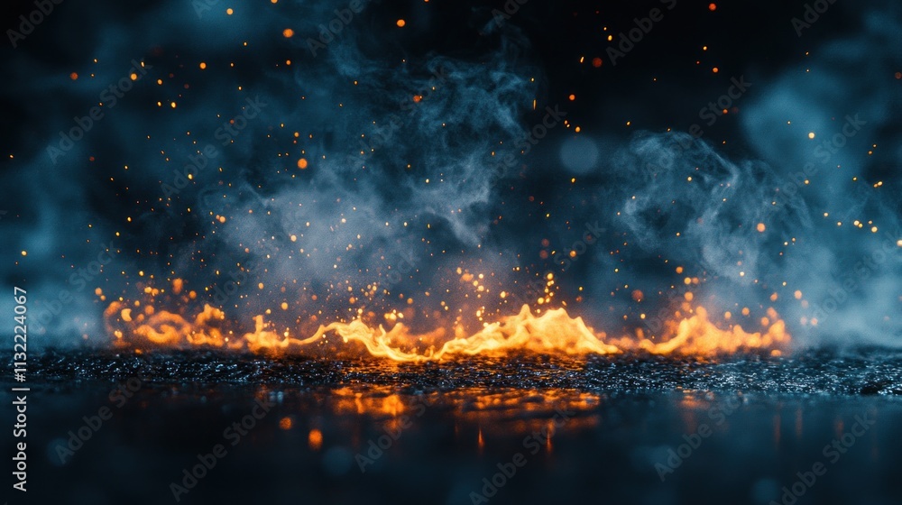 Poster a close-up view of flames and smoke, creating a dramatic and dynamic atmosphere.