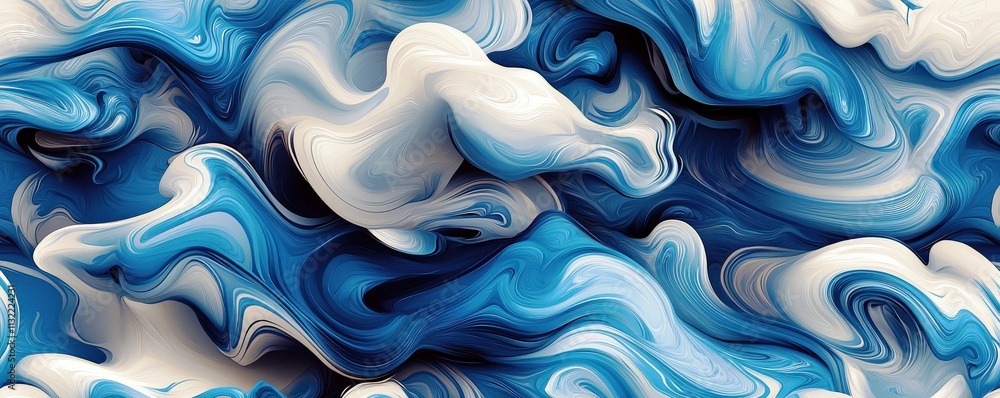 Poster swirling abstract waves of blue and white capturing fluid motion and texture in a dynamic painted st