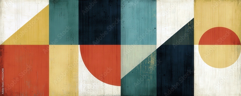 Poster abstract geometric shapes composition with warm and cool colors on a textured background for artisti