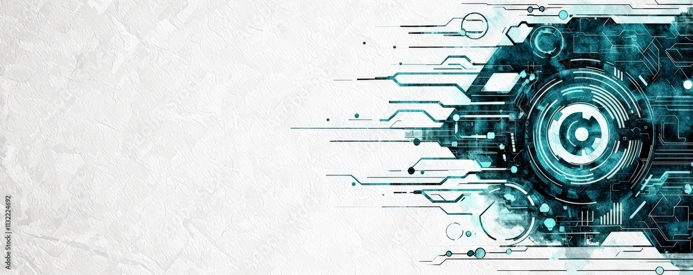 Poster abstract technology background with glowing blue circuitry patterns, futuristic shapes and circuits 