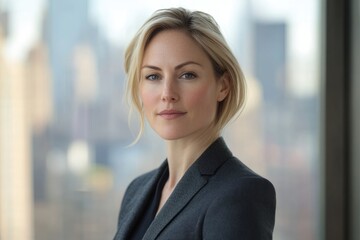 Fototapeta premium A blonde woman in a gray blazer looks directly at the camera against a blurry city backdrop.