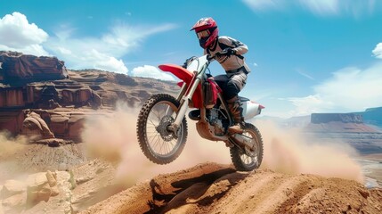 Obraz premium Rider on Red Dirt Bike Performing Aerial Jump in Desert Canyons Surrounded by Dust and Dramatic Sky