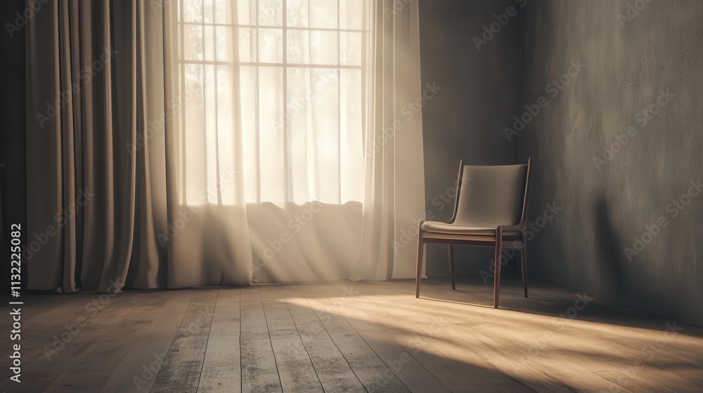 Aufkleber empty room with a single chair. the soft light entering from a window adds warmth to the simple,