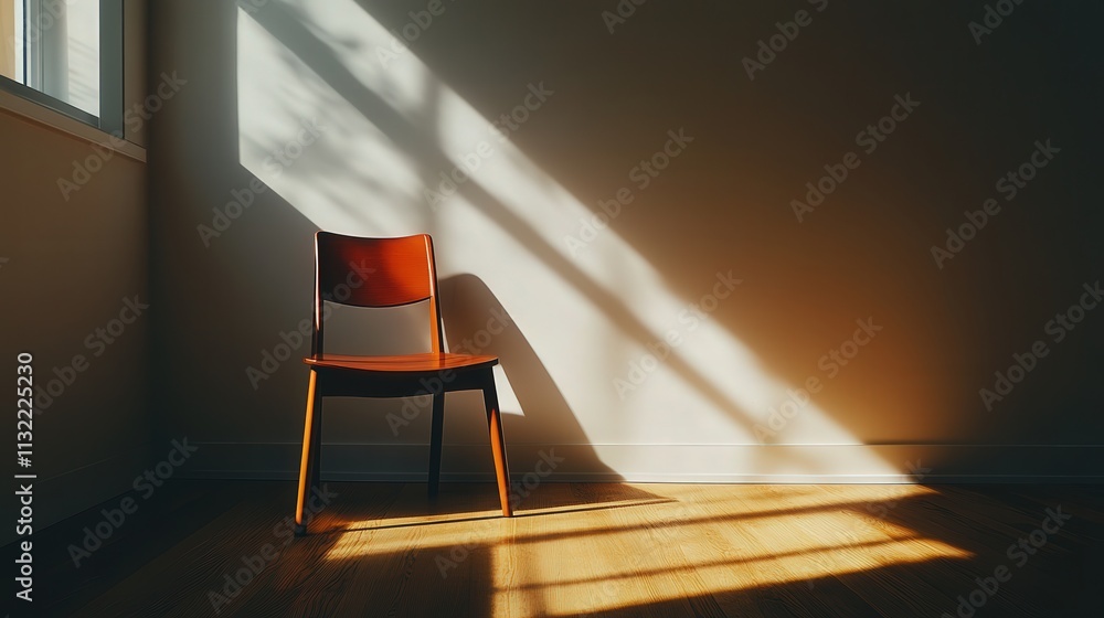 Aufkleber solitary chair in the center of an empty room. light streams in from a window, casting a subtle shad
