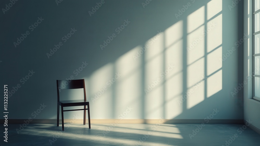 Poster solitary chair in the center of an empty room. light streams in from a window, casting a subtle shad