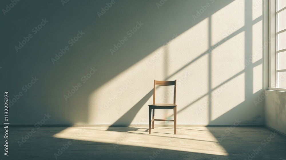 Aufkleber solitary chair in the center of an empty room. light streams in from a window, casting a subtle shad