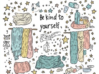 A whimsical hand-drawn illustration featuring pastel towels, skincare items, and a motivational quote "Be kind to yourself," surrounded by doodles and stars, promoting self-care and kindness