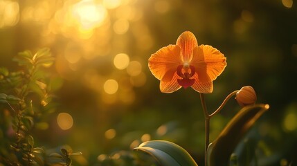 Obraz premium Exotic Rare Orchid Bathed in Golden Light,Captures a tropical orchid in bloom, emphasizing its vibrant colors and fragile petals amidst natural greenery.