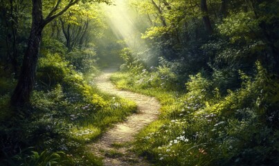 Fototapeta premium Sunlit path winds through lush, flowering forest.
